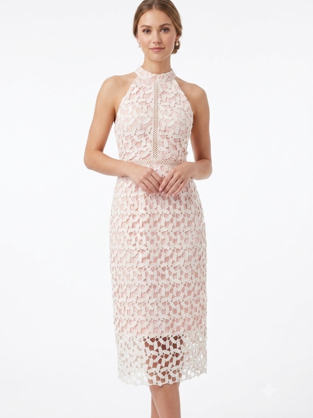 ChicWish Crochet Lace Pink White Leaf Pattern Midi Dress Size Small NWT